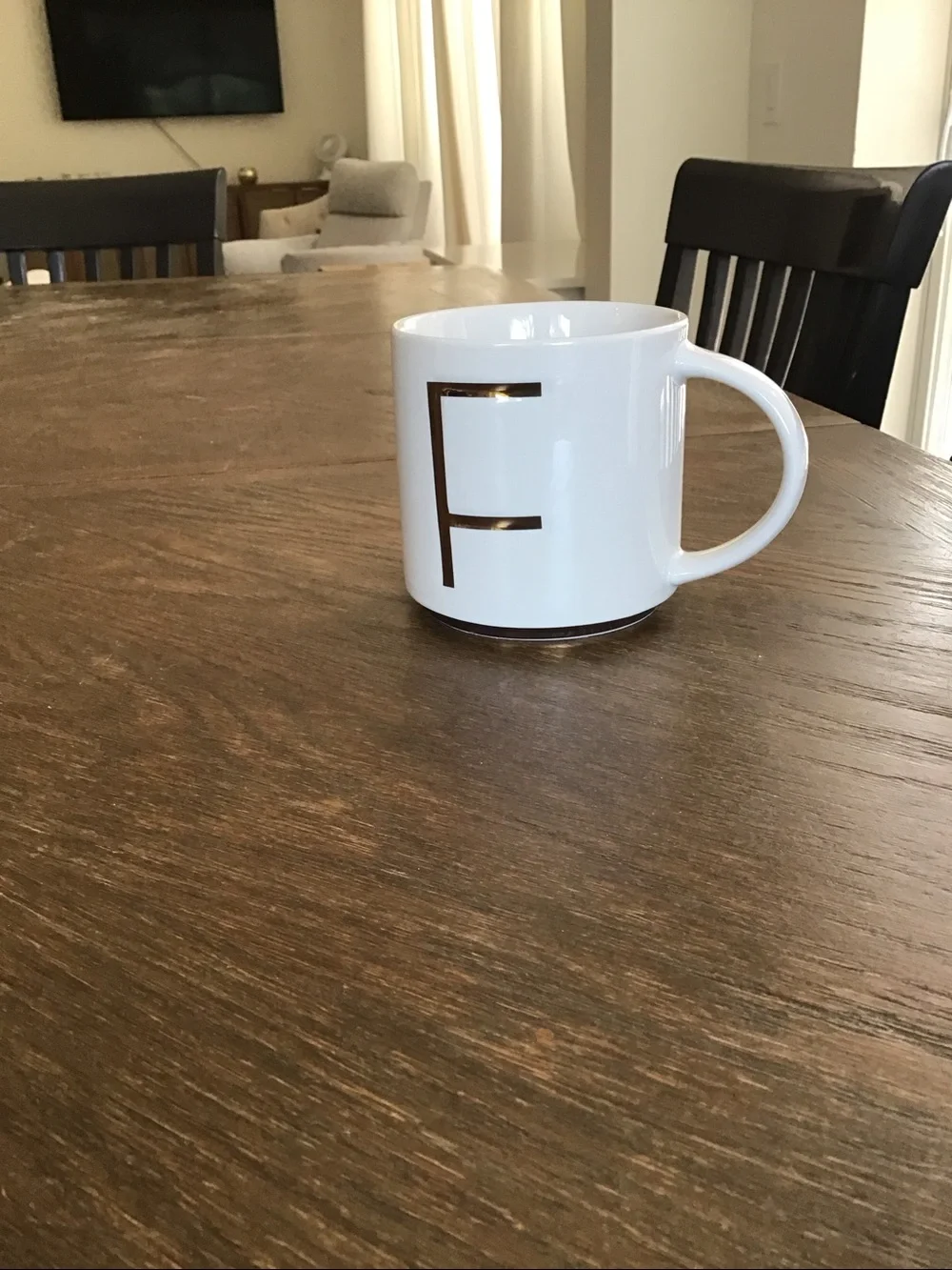 Williams Sonoma white ceramic mug features a gold-painted initial 